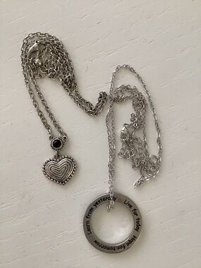 Silver Heart Pendant Necklace and Inspirational Circle Necklace - Silver Tone